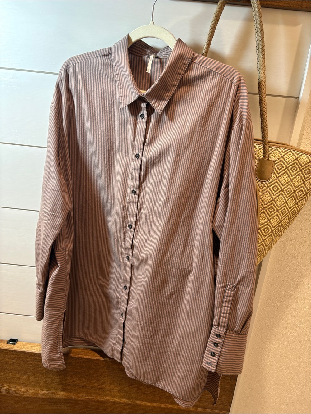Free People Womens Tunic Striped Button-Up Shirt in Dusty Rose and Purple L